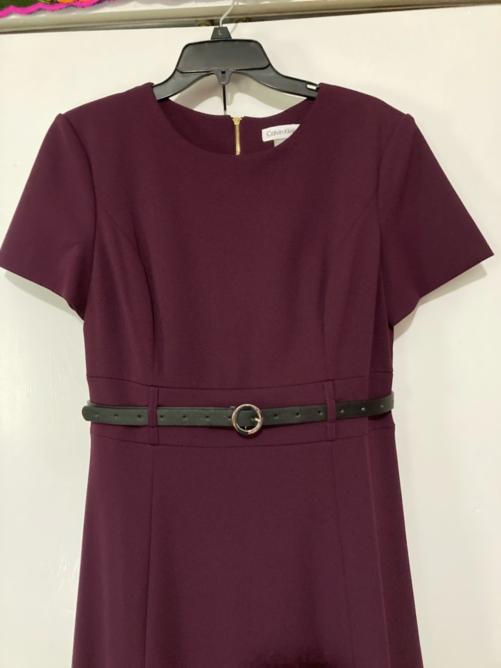 Calvin Klein Size 10 Deep Plum Eggplant Short-Sleeve Fit-and-Flare MIDI Dress - Picture 3 of 15